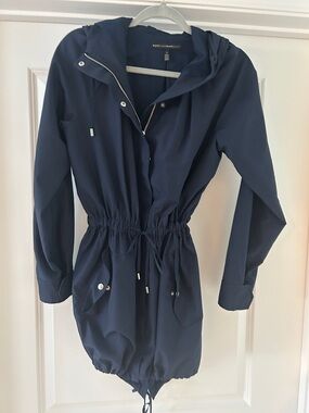 White House Black Market Navy Hooded Drawstring Trench Coat